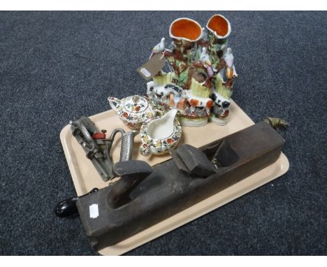 A pair of Staffordshire flat back spill vases, Sadler gilded floral sugar basin and milk jug, two vintage wood working planes