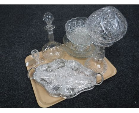 A tray of assorted glassware and lead crystal to include table lamp with shade, decanter, Thomas Webb candle stick, serving d