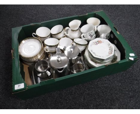 A box of Royal Grafton Majestic tea service, Johnson Bros fruit pattern tea service, stainless steel tea service 