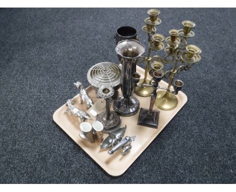 A tray of assorted plated wares, cannon table lighter, two metal dog figures, brass of brass four way candelabra 