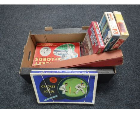 A box containing two vintage Lords Cricket games together with a Balyna cricket game and three strategy board games