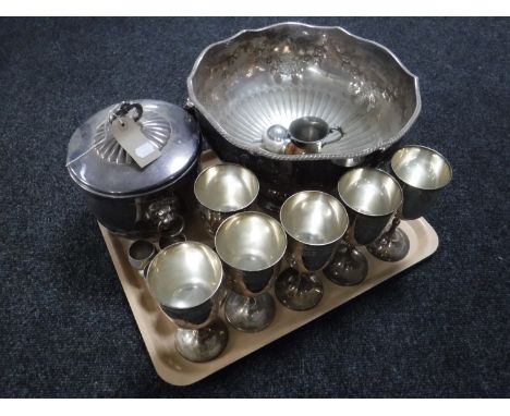 A tray of silver plated lion mask punch bowl and lidded ice bucket, six plated goblets, miniature tankard and four miniature 