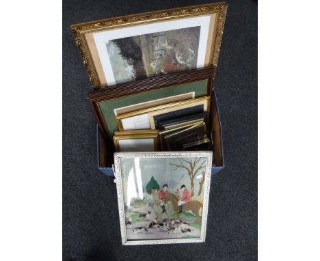 A box of assorted picture frames, framed Racing Post special edition Death Desert Orchid, gilt framed hunting print "Full Cry