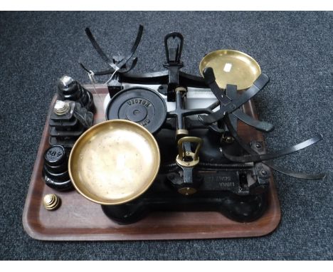 Three sets of vintage kitchen scales with weights 