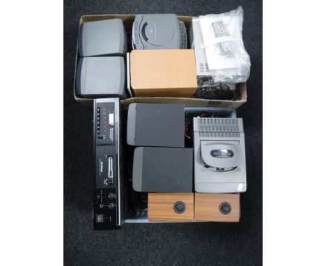 Three micro hifi systems with speakers, creative computer speaker, Eagle auto-reverse cassette player together with a boxed L