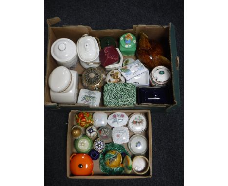 Two boxes of assorted tea caddies, trinket dishes, decorative egg ornaments etc