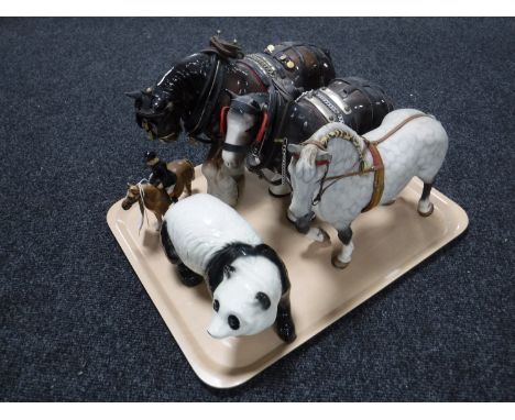 A tray of Beswick shire horse (grey, front foot raised), a Melba Ware panda and shire horse, one further shire horse and a co