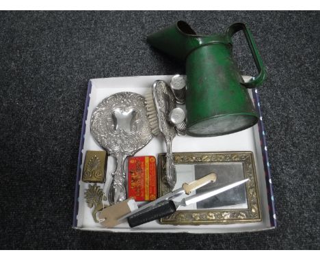 A box of metal backed hand mirror and brush, letter opener, small brass framed mirror, brass match book holder, vintage oil c