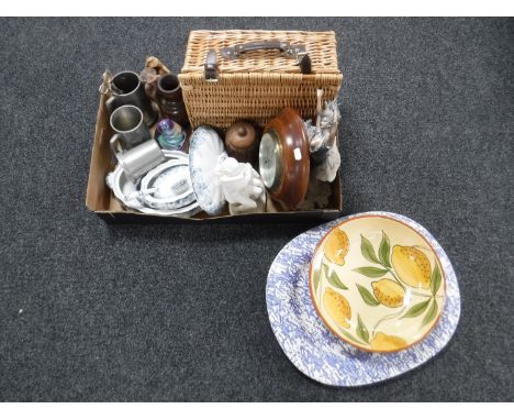 A box of pewter tankards, wicker basket, circular barometer, tureens etc