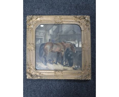 A 19th century gilt framed print depicting animals in a stable 