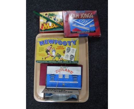 A tray containing a Subbuteo angling set, together with two Mahjong sets, Newfooty table soccer, Meccano building kit and The