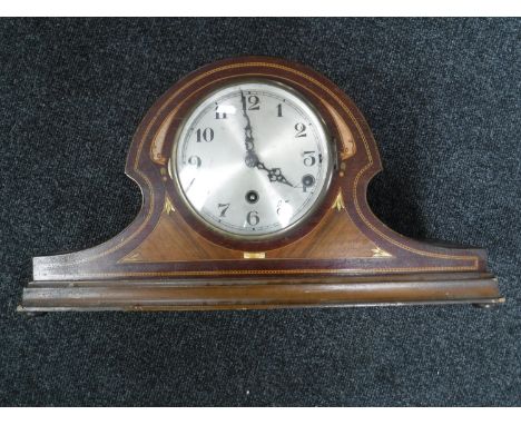 A Victorian inlaid mahogany mantel clock with silvered dial (plus pendulum and key) 