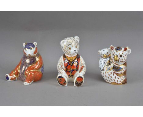 Three Royal Crown Derby bone china paperweights, comprising a Koala and baby from the Australian collection, with a gold stop