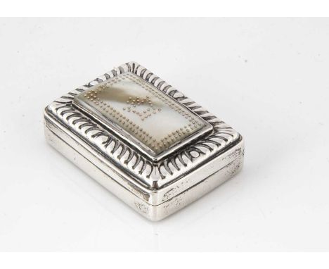 A George III silver and mother of pearl snuff box, 5cm wide, with gold dot decoration to cover