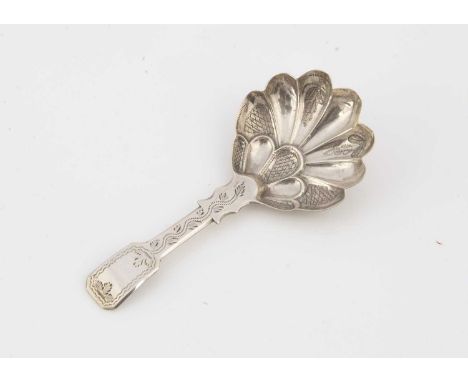 A late Georgian period silver tea caddy spoon by GW, 8.2cm, with shaped bowl and brighcut design to handle