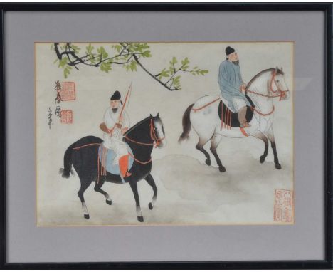 A pair of Chinese hand coloured prints, one depicting two men on horseback, the other women playing instruments, with red cha