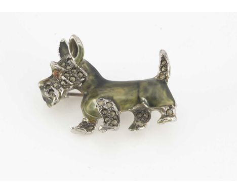 A 1960s chrome plated, marcasite and paste brooch, Scotty' Dog with green enamel body 3.2 cm by 2.4 cm 10g