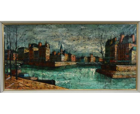 20th century school, two oil on canvases, one of a city, the other a seascape, both signed and framed, frame sizes, 55cm x 10