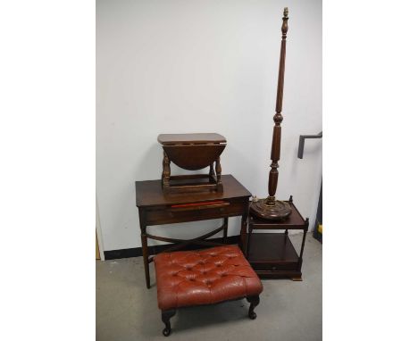Side Table Leather Stool and Other Small Furniture, mahogany side table with two drawers and pull-out scribe with tooled leat