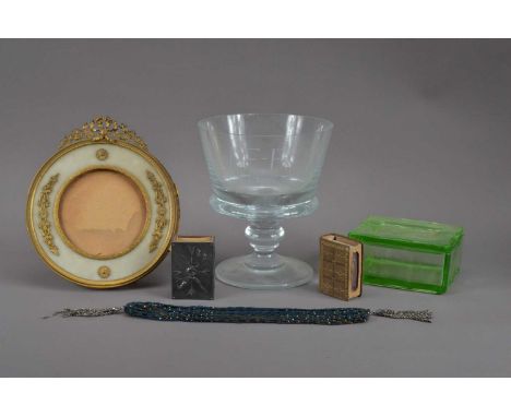 A mixed collectors lot, comprising a glass footed bowl, AF, 18cm high, with inscribed monogram, a brass circular picture fram