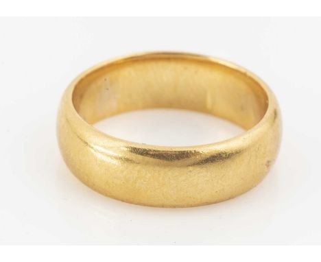 A mid 20th century 22ct gold wedding band,  D shaped, 5.7 mm wide, ring size K, 7.5g