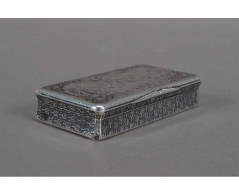 A French late 19th/ early 20th century niello work snuff box, with a 'silver' gilt interior, grey metal (silver), black repea