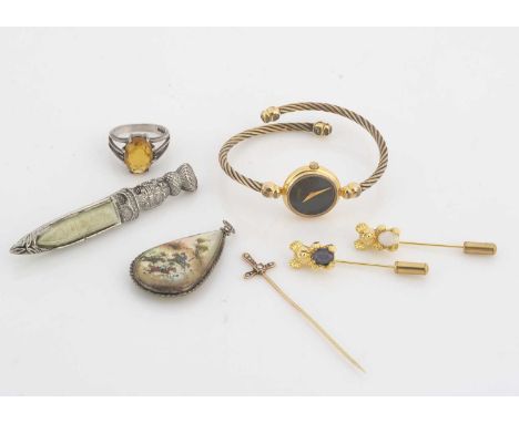 A small parcel of jewellery, including an Edwardian seed pearl and gold stick pin in the form of a sword, a mother of pearl P