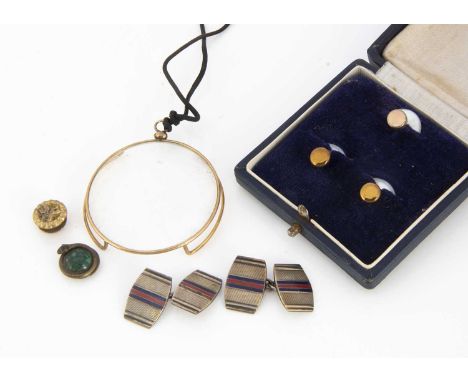 A pair of silver and enamel cufflinks, banded blue and red enamel decoration, together with a gold plaited monocle, a malachi