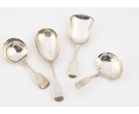 Four Georgian and Victorian period silver fiddle pattern handle tea caddy spoons, the longest 11cm by RW JW JW, and three oth