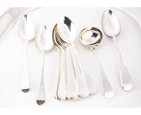 A set of six modern silver tablespoons from RC, 17.4 ozt, together with a pair of George III silver tablespoons, 3.19, a Vict