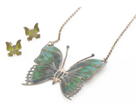 A silver and enamel butterfly pendant on chain, together with a pair of silver and enamel butterfly earrings (3)