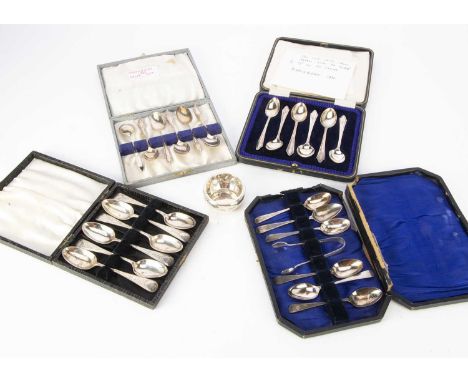 Four Victorian and first half 20th century cased sets of six teaspoons, one with sugar tongs, together with a small dented si