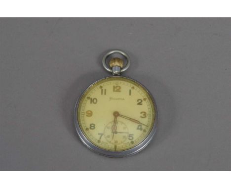 A Second World War period military pocket watch by Helvetia, chromed case, 53mm, replaced Perspex glass, white dial with Arab