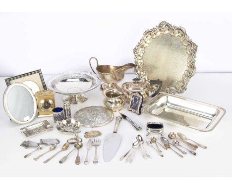 A collection of silver plated items, together with three small silver mounted photograph frames, a silver and glass circular 