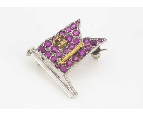 A 9ct gold ruby and diamond regimental flag brooch, the diamond encrusted flag surmounted with a Monarchs crown and broad arr