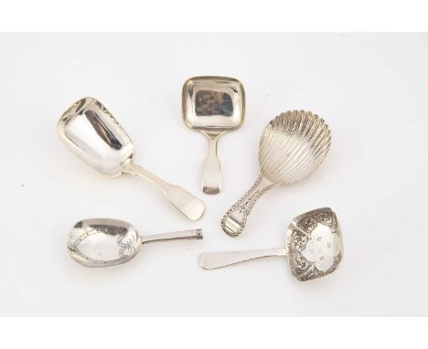 Five Georgian period and later silver tea caddy spoons, the longest 9.5cm with fiddle pattern handle by WK SK,