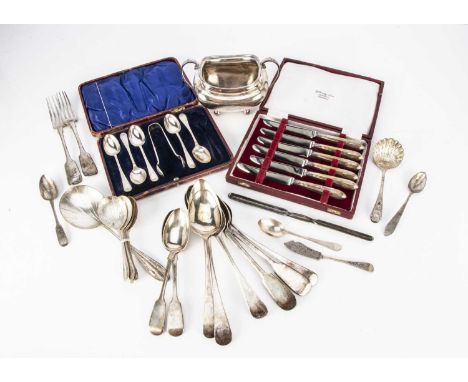 A collection of Georgian and later silver and silver plated items, including several silver tablespoons and teaspoons and for