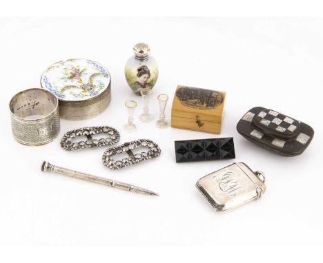 A collection of silver and objets d'art, including a silver and enamelled circular box, damaged, a silver vesta and napkin ri