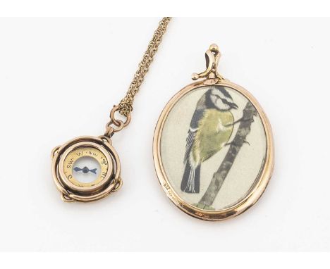 A 9ct gold fob compass, on a gold plated chain necklace, together with an early 20th century yellow metal and glass locket, p