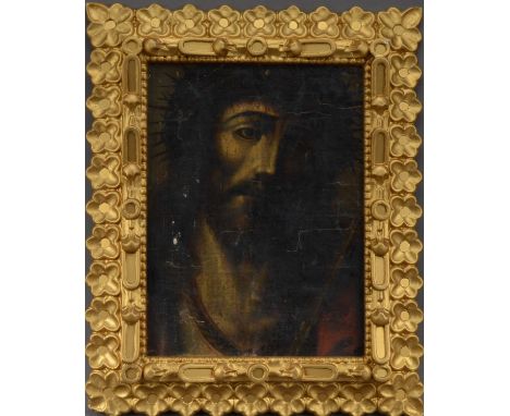 19th century School, a portrait of Christ, oil on canvas (canvas damaged and re-lined), framed (re-painted), frame size 59cm 