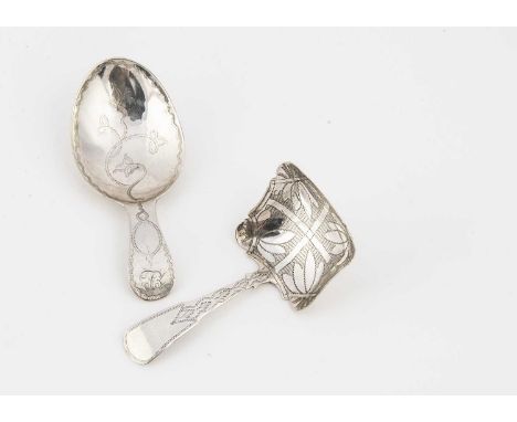 Two Georgian period silver tea caddy spoons, one with square bowl by JC, the other with oval bowl by WW, both with bright cut
