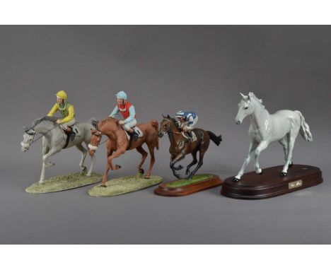 Two ceramic sculptures of horses and jockeys, both unmarked on naturalistic bases, both approx. 21cm high, a Beswick 'One Man