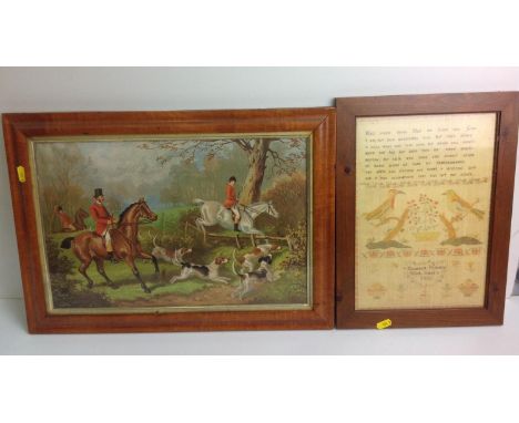Framed Hunting Picture and Printed Sampler 