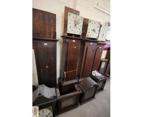 An oak and pine longcase clock, the painted dial supporting a thirty hour movement, in need of restoration