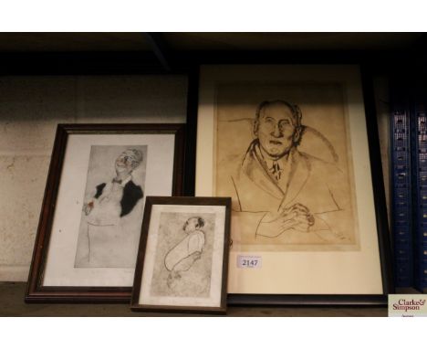 Susan Thomas Lay, etching "The Art Critic"; another entitled "Arthur"; and a portrait print 