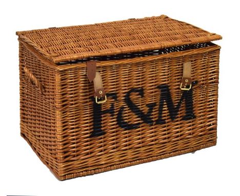 Fortnum &amp; Mason wicker basket or hamper of rectangular form, 56cm wide, together with a smaller wicker basket and box (3)