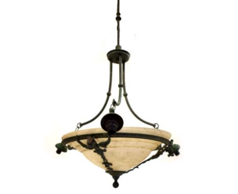 Vintage ceiling light of plafonnier design with green-stained metal frame and hanging support, the shade 50cm diameter  