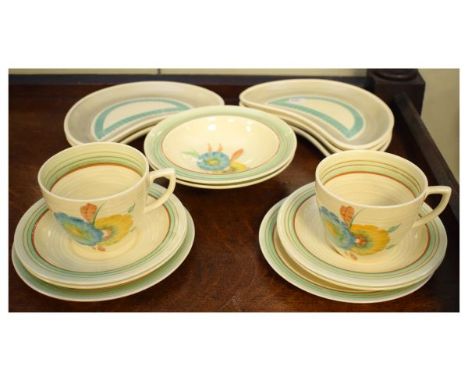 Set of five Susie Cooper entrée dishes of crescent form, together with a group of 1930's period tea wares with flower-painted