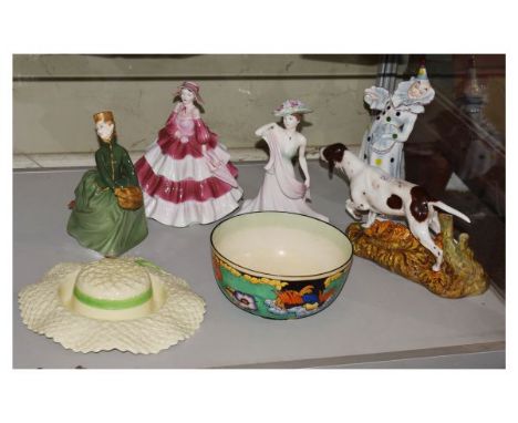 Group of assorted ceramics to include; Royal Doulton model of a pointer gun dog, Hancocks bowl, three Coalport figurines to i