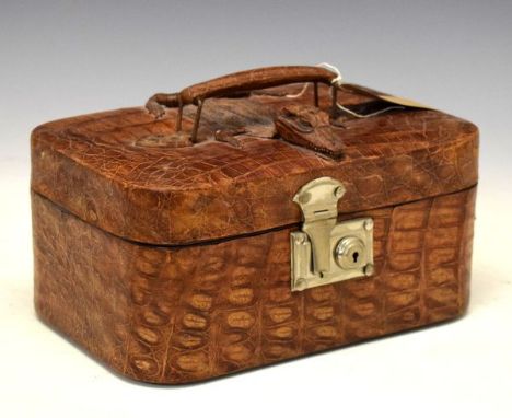 Vintage crocodile skin vanity or travel case, the red plush interior with mirror and removable jewellery tray, 28cm wide x 17